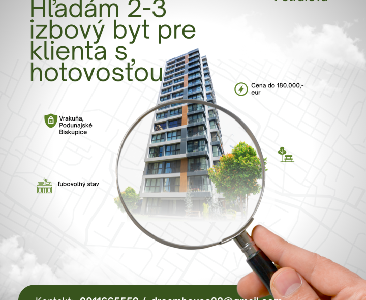 Hľadáme 3 izbový alebo veľký dvojizbový byt